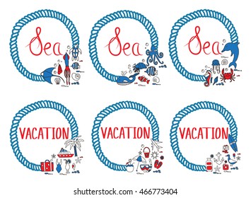Vacation doodles vector illustration frame. Handmade icons collection of summertime symbols