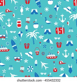 Vacation doodles vector illustration seamless pattern. Handmade icons collection of summertime symbols