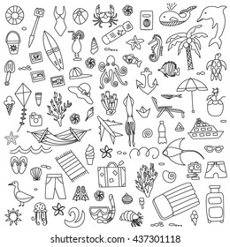 Vacation doodles vector illustration set. Handmade icons collection of summertime symbols ticket, airplane, boat, cocktail, octopus, chaise, fish, seagull, bikini, and others.