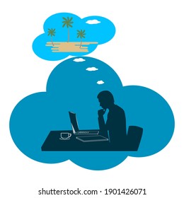 Vacation dream - a man at a table, a laptop, thinks about the sea, palm trees, sandy beach - vector. Travel planning.