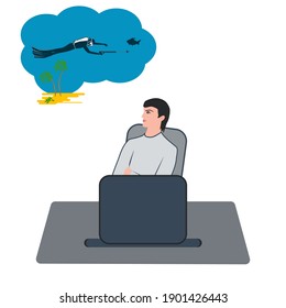 Sueño de vacaciones - hombre en la mesa, laptop, pensando en buceo, pesca de punta - vector. Planificación de viajes.