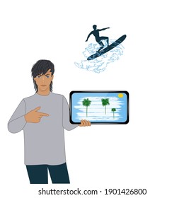 Vacation dream - a man with a tablet thinks about relaxing on the sea, surfing - vector. Travel planning.