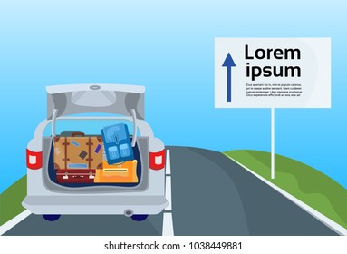 Vacation Drive Trip By Car, Family Travel Vehicle On Road Route With Luggage Suitcases Flat Vector Illustration