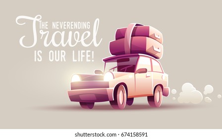 Vacation drive trip by car. Family travel retro transport vehicle with luggage suitcases and trunks at roof. Eps10 vector illustration.