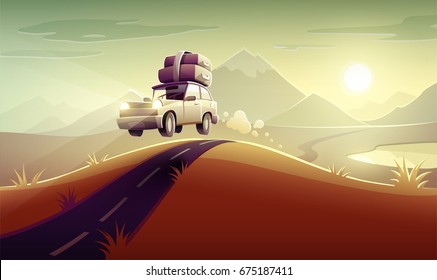 Vacation drive trip by car among mountains and hills. Family travel retro transport vehicle on road route driving with luggage suitcases and trunks at roof. Eps10 vector illustration.