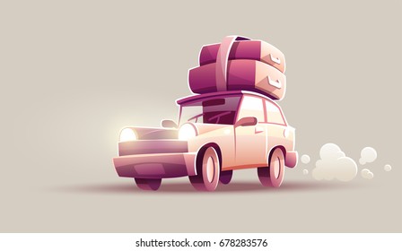 Vacation drive trip by car. Family travel retro transport vehicle with luggage suitcases and trunks at roof. Eps10 vector illustration.