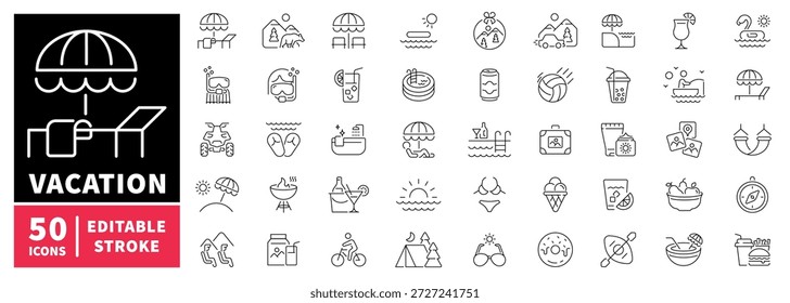 Conjunto de iconos de línea editables de vacaciones. delinear símbolos de vacaciones y ocio
