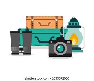 vacation equipment set camera luggage lamp and binoculars