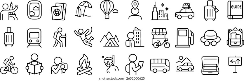 Vacation Essentials Stroke Icon Collection.Containing Passport, Luggage, Transportation, Activities, and more icons. Editable Stroke Icon Collection Outline Icon
