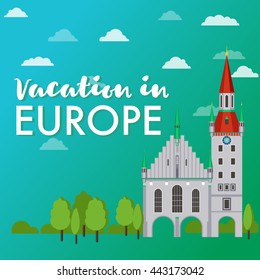 Vacation in Europe vector banner. Flat design illustration with landmark, trees, church