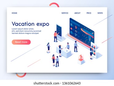 Vacation Expo Horizontal Banner. Exhibition Stands Composition For Tour Agency With View Of Airplane. Exhibit Area With Booth For Traveling Offers. Desk Advertising. 3D Isometric Vector Illustration.