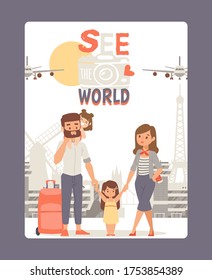 Vacation with family, see world poster vector illustration. Travel tour at Europe, city landmark background. Young couple with kids at happy summer journey around world. Airplane, mill and Eiffel