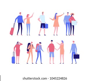 Vacation - flat design style set of isolated characters on white background. Cute cartoon men and women ready to go on holiday, standing with baggage and maps. Travel concept