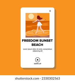 vacation freedom sunset beach vector. silhouette happiness, fun holiday, travel sunrise vacation freedom sunset beach web flat cartoon illustration