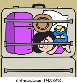 Vacation Girl Lying In A Suitcase With A Bag Of Potato Chips In Hand. Woman Trying To Pack Herself Into The Suitcase With All Her Essential Stuffs Concept Card Character illustration