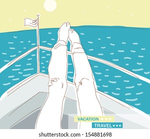 vacation. girl put feet on the boat, she has a rest and looks at the sea. vector illustration.