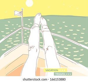 vacation. girl put feet on the boat, she has a rest and looks at the sea. vector illustration. 