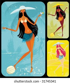 Niñas de vacaciones con bola - conjunto vectorial. Para ver algo similar, por favor VISITE MI CARTERA

