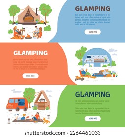 Vacation in glamping flyers or horizontal banners bundle, flat vector illustration. Glamping and camping accommodation in nature advertising posters collection.