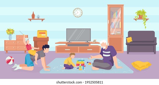 Vacation with grandfather together at home, vector illustration. Happy grandparent character play with kid, elderly man with happy grandchild.