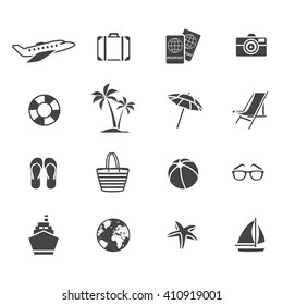 Vacation graphic flat icons set with sunglasses bag suitcase umbrella ball starfish camera globe isolated vector illustration