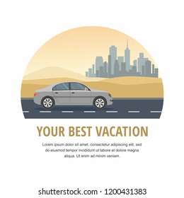 Vacation. Gray Car Drive on Road in the Desert Vector Illustration