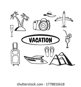Vacaciones. Juego de doodles dibujado a mano. Iconos vectores, elementos aislados en el fondo blanco relacionados con vacaciones, viajes, turismo.