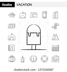 Vacation Hand Drawn Icons Set For Infographics, Mobile UX/UI Kit And Print Design. Include: Picnic, Summer, Vacation, Building, Vacation, City, Flag, Board, Icon Set - Vector