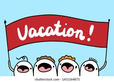 Vacation hand drawn vector illustration in cartoon style. Businessmen holding sign cheerful