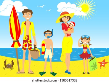 Vacation of happy family on sand beach on the sea vector illustration