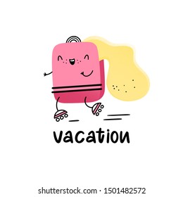 Vacation. Happy suitcase on roller skates. Vector illustration in Emoji style, flat.
