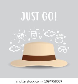 Vacation hat. Traveling icon. Travel poster design template.