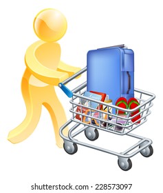 Vacation holiday man trolley. A man pushing a trolley with holiday essentials in it. Shopping for a holiday or vacation trip.