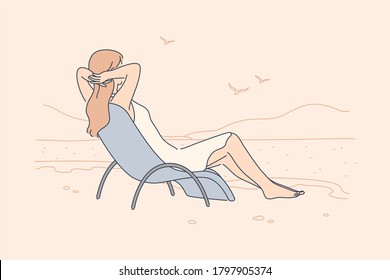 Vacation, holiday, rest, tourism, relaxation concept. Young tired relaxed woman girl tourist sitting lying in lounge chair on sea beach. Summer recreation or leisure time on ocean resort illustration.