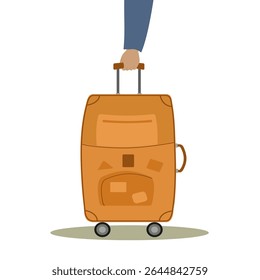 Vacation, holiday travel concept. Human hand holds suitcase by handle. Suitcase with wheels and retractable handle. Traveler's luggage. Flat vector.
