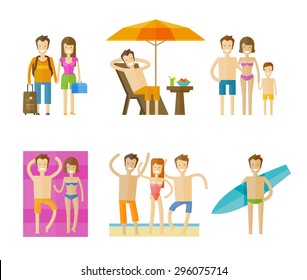 vacation, holiday vector logo design template. travel, journey, beach or people, folk icons