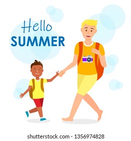 Vacation, Holiday Vector Postcard with Lettering. Hello Summer Handwritten Text. Father and Son with Backpacks. Camping Trip, Journey Flat Drawing. Tourists, Holidaymakers Cartoon Characters