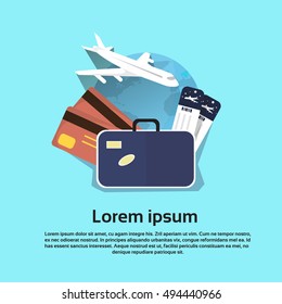 Vacation HolidayTrip Banner Air Plane Ticket Baggage Flight World Map Flat Vector Illustration