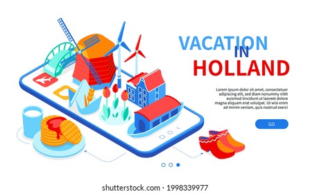 Vacation in Holland - colorful isometric web banner with copy space for text. Culture and traditions of Netherlands. Windmill, agriculture, clogs, flowers, Amsterdam architecture on smartphone screen