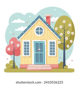 Vacation home. Cute country wooden house with spring trees. House in flat style on a white background.