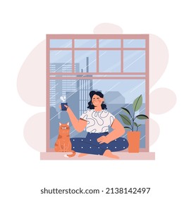 Vacation at home. Girl with mug of hot drink sitting on window with cat. Pet and owner, weekend. Comfort and coziness in house, rest after work and calmness. Cartoon flat vector illustration