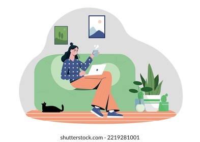 Vacation at home. Happy woman sitting on sofa with laptop and mug of hot drink. Comfort and coziness in apartment. Young girl surfs internet and social networks. Cartoon flat vector illustration