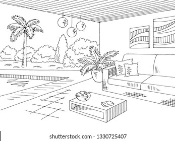 Vacation home lounge graphic black white landscape sketch illustration vector