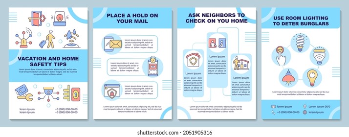 Vacation and home safety tips brochure template. Home security. Flyer, booklet, leaflet print, cover design with linear icons. Vector layouts for presentation, annual reports, advertisement pages