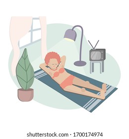 Vacation At Home. A Woman In A Swimsuit Sunbathing Under A Lamp At Home. The Beach At Home In The Apartment. Flat Style, Pastel Colors, Vector Illustration.