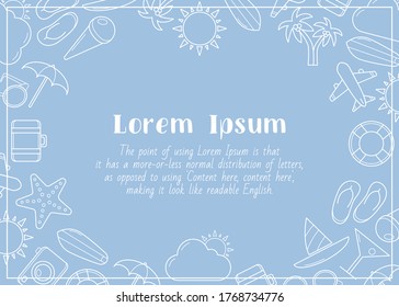 Vacation - horizontal card with text and vector outline illustrations of travel, holiday day for graphic design