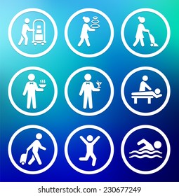 Vacation and Hotel Accommodations on Blue Round Buttons