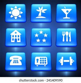 Vacation and Hotel Accommodations on Blue Square Buttons