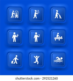 Vacation and Hotel Accommodations on Blue Bevel Square Buttons