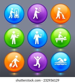 Vacation and Hotel Accommodations on Multi Color Round Buttons